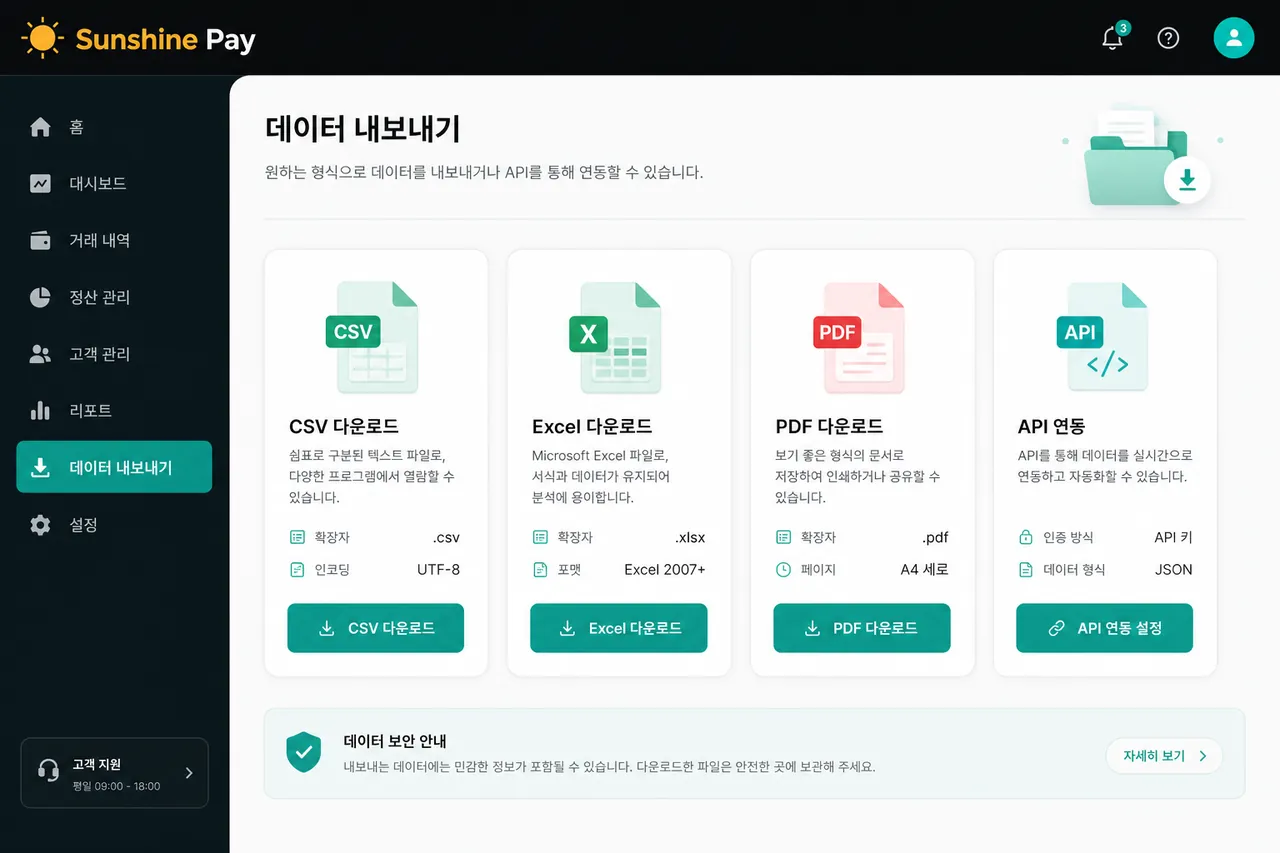 다양한 내보내기 형식 CSV·엑셀·PDF·API 다운로드 옵션