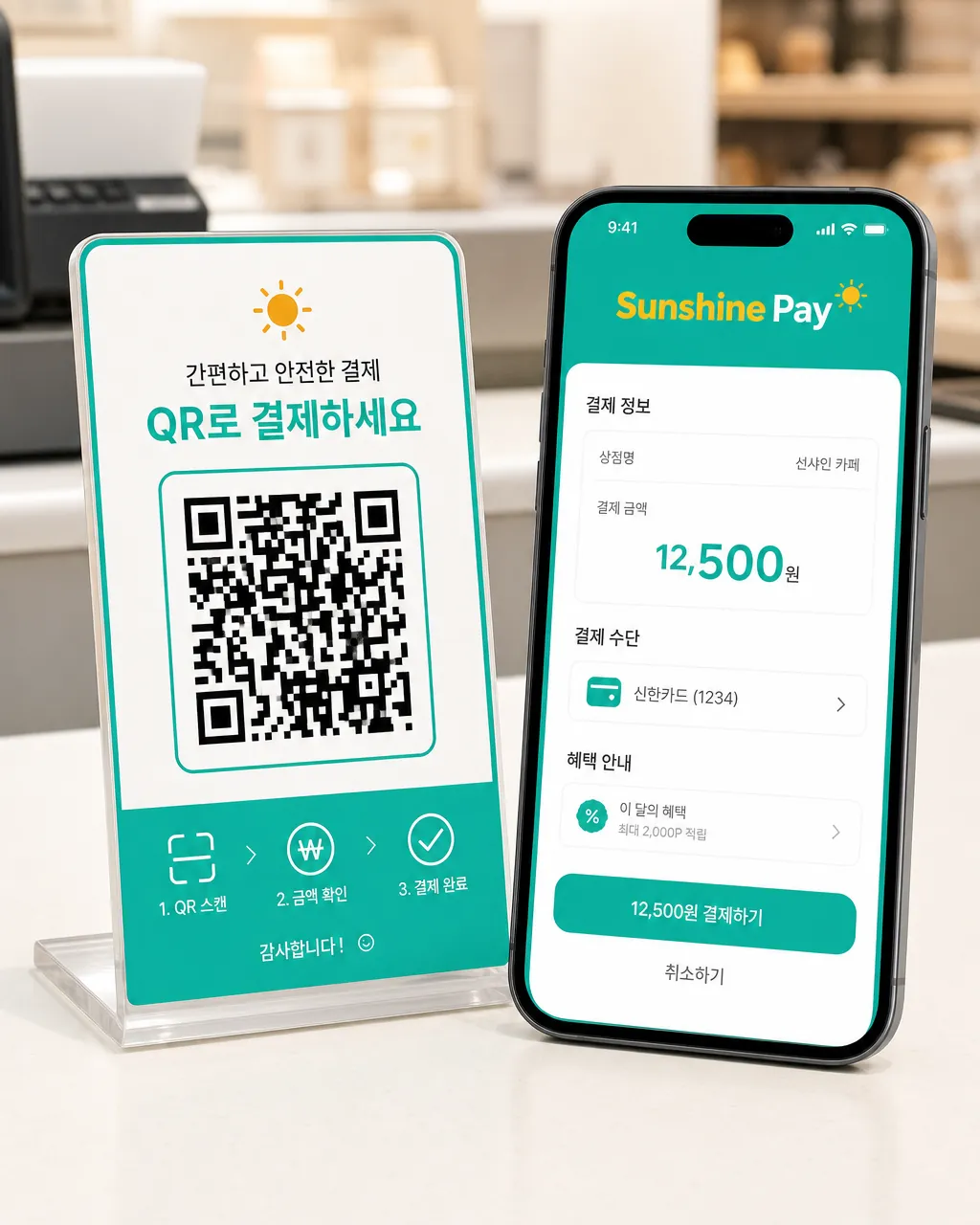 매장 QR 스탠드 + 결제 화면 테이블 위 QR 스탠드(POP) + 고객 휴대폰으로 스캔한 후 결제 페이지 화면이 함께 보이는 사진/일러스트