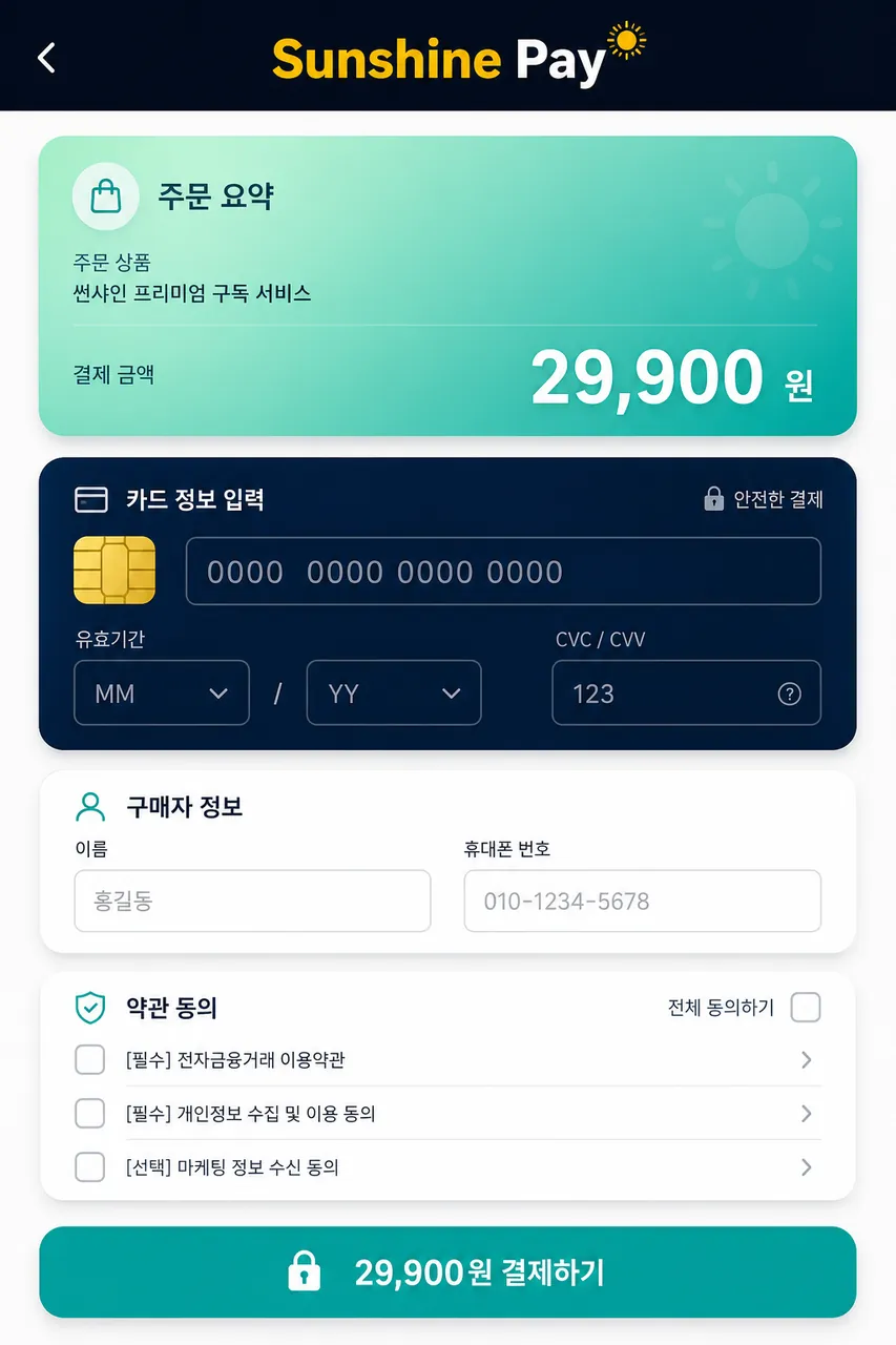 고객이 링크를 클릭해 상품·금액을 확인하고 결제 수단을 선택해 결제하는 화면